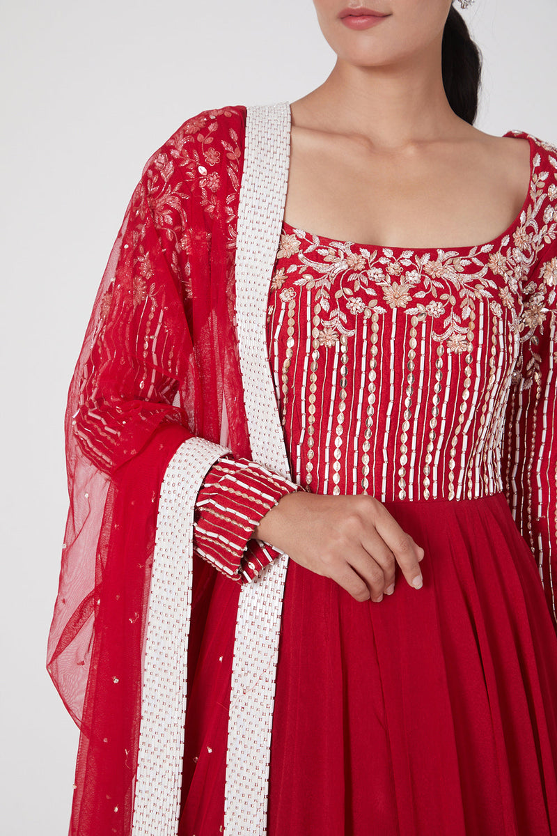 Red Embroidered Anarkali With Dupatta Set