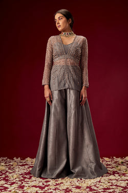 Grey Palazo With Organza Embellished Top