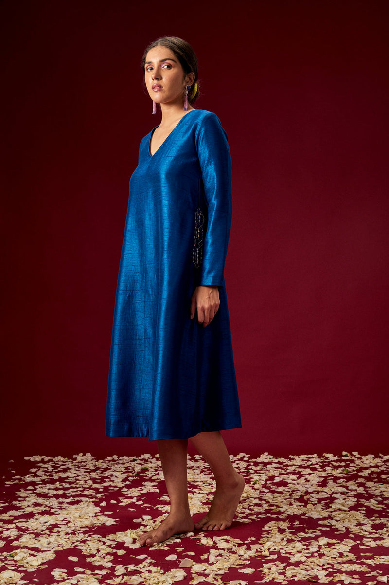 Blue Kurta With Embellished Pockets