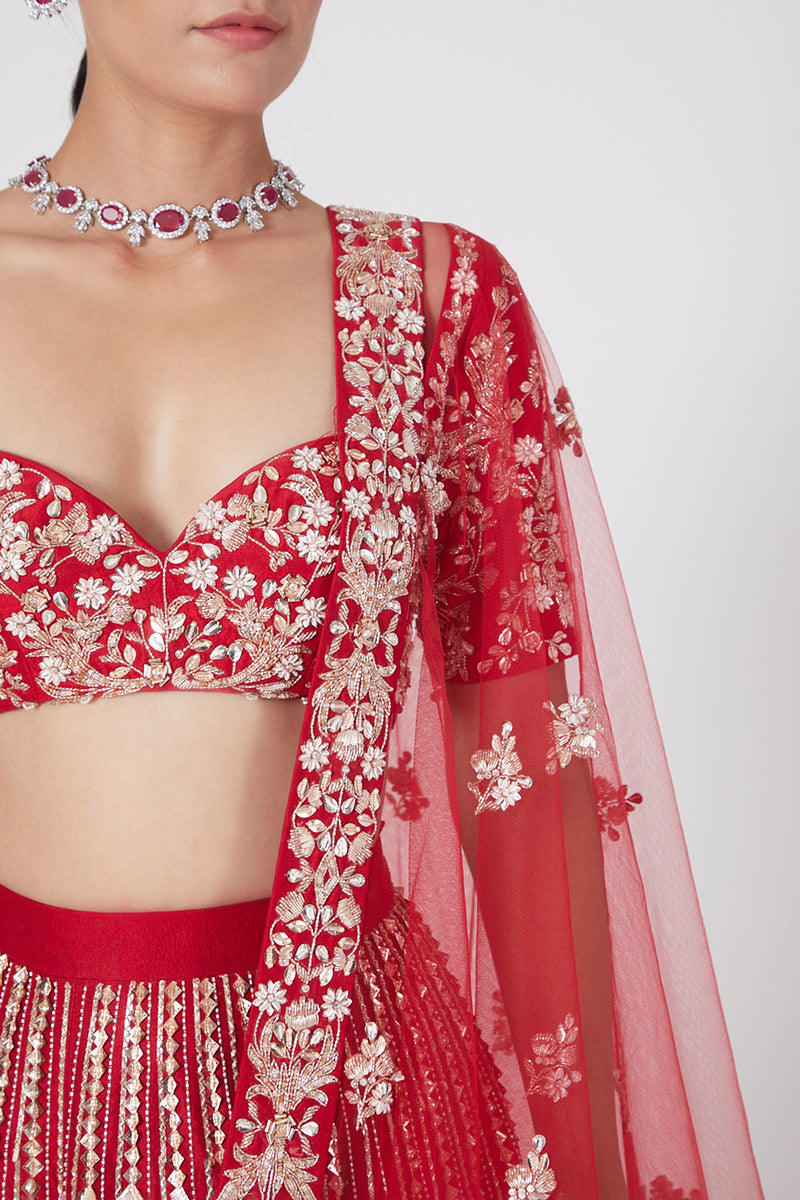 Red Embroidered Lehenga With Dupatta Set