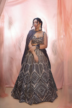 Navy Blue Drape Lehenga Set