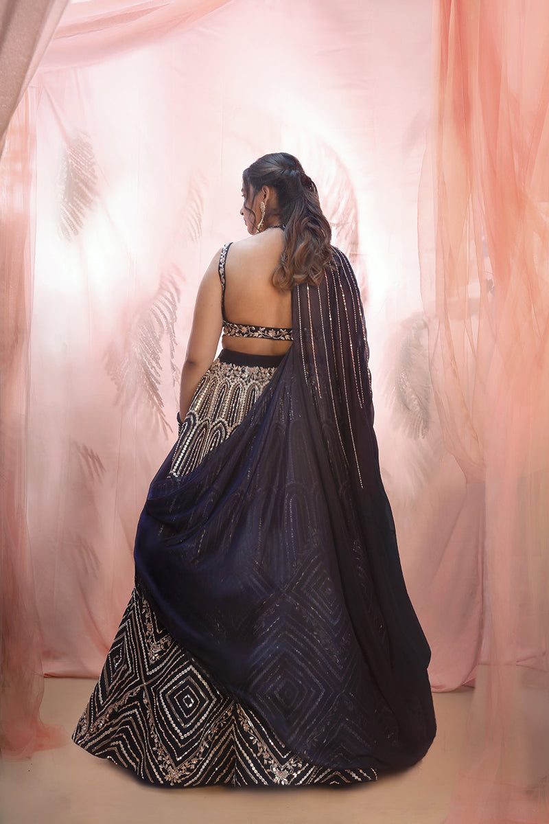 Navy Blue Drape Lehenga Set