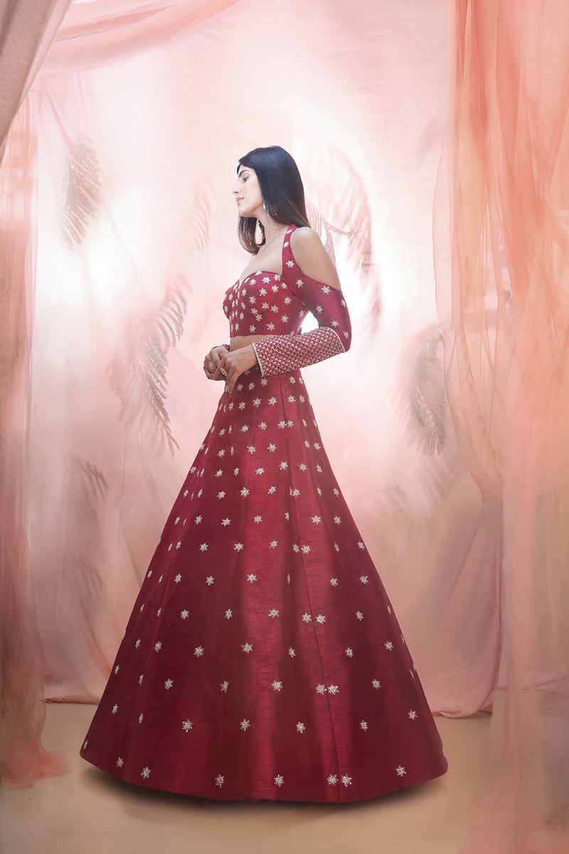 Cranberry Lehenga With A Corset Style Blouse