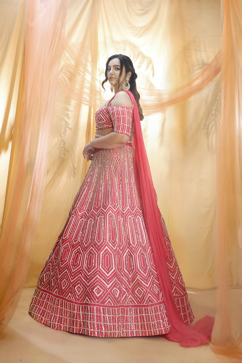 Hot Pink Hand Embroidered Lehenga Set