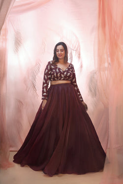 Wine Lehenga With A Embroidered Blouse