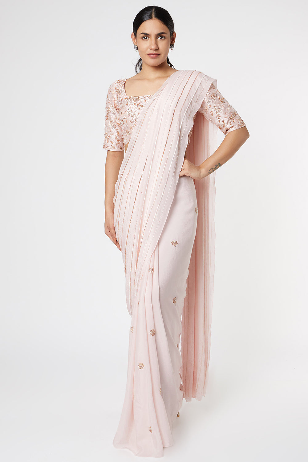Blush pink georgette saree – Estie Couture