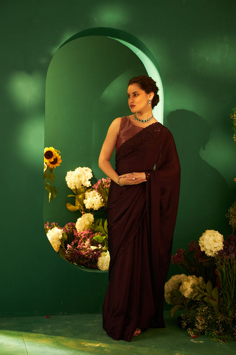 Chiffon With Laser Cut Daana Work Saree