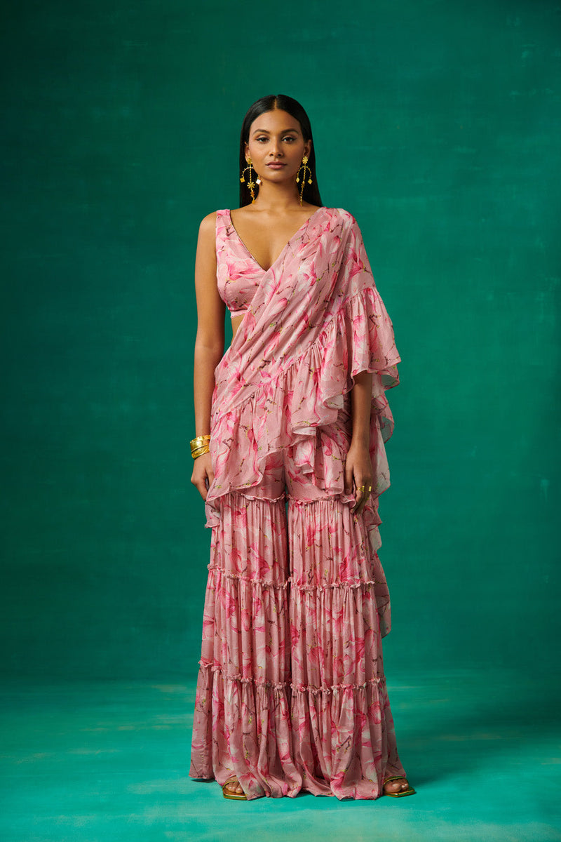 Pink Tulip Printed Garara With Attached Drape And Plunge V Neck Blouse