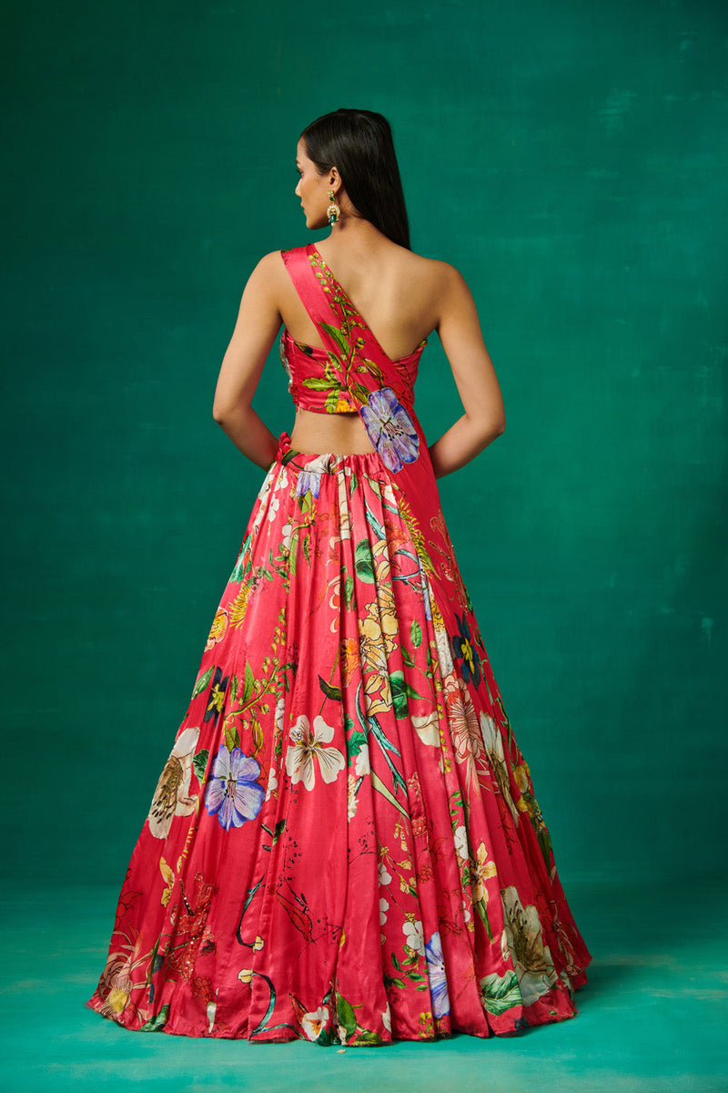 Pink Lehenga Set With Dupatta Attached On Shoulder