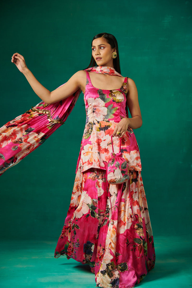 Pink Floral Print Kurta With Flared Sharara And Dupatta