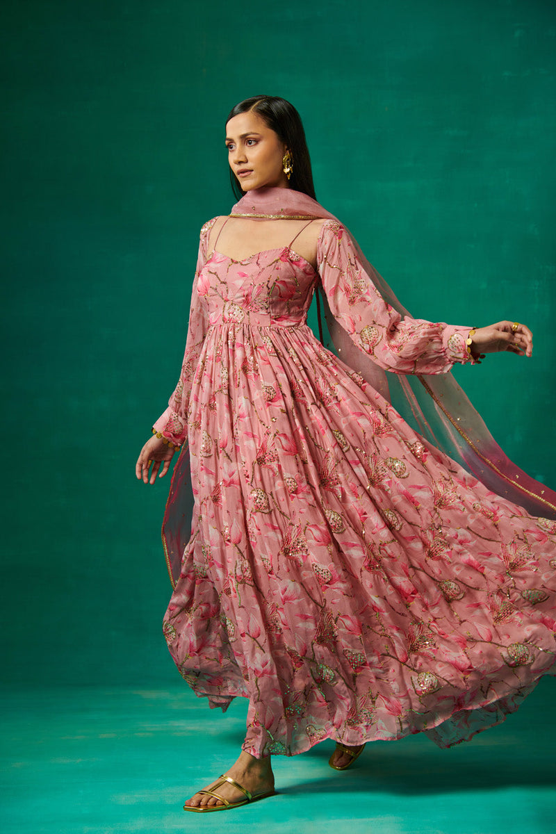 Pink Floral Print Anarkali And Dupatta