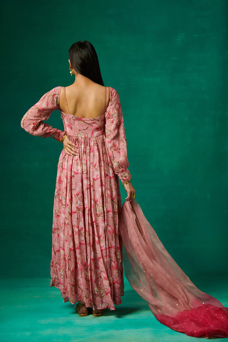 Pink Floral Print Anarkali And Dupatta