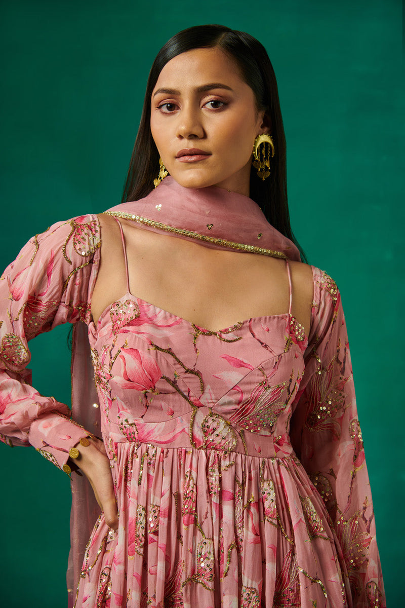 Pink Floral Print Anarkali And Dupatta