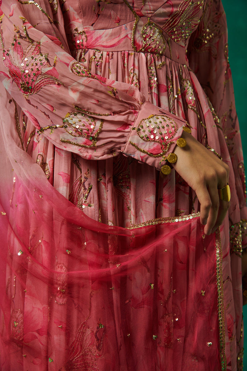 Pink Floral Print Anarkali And Dupatta