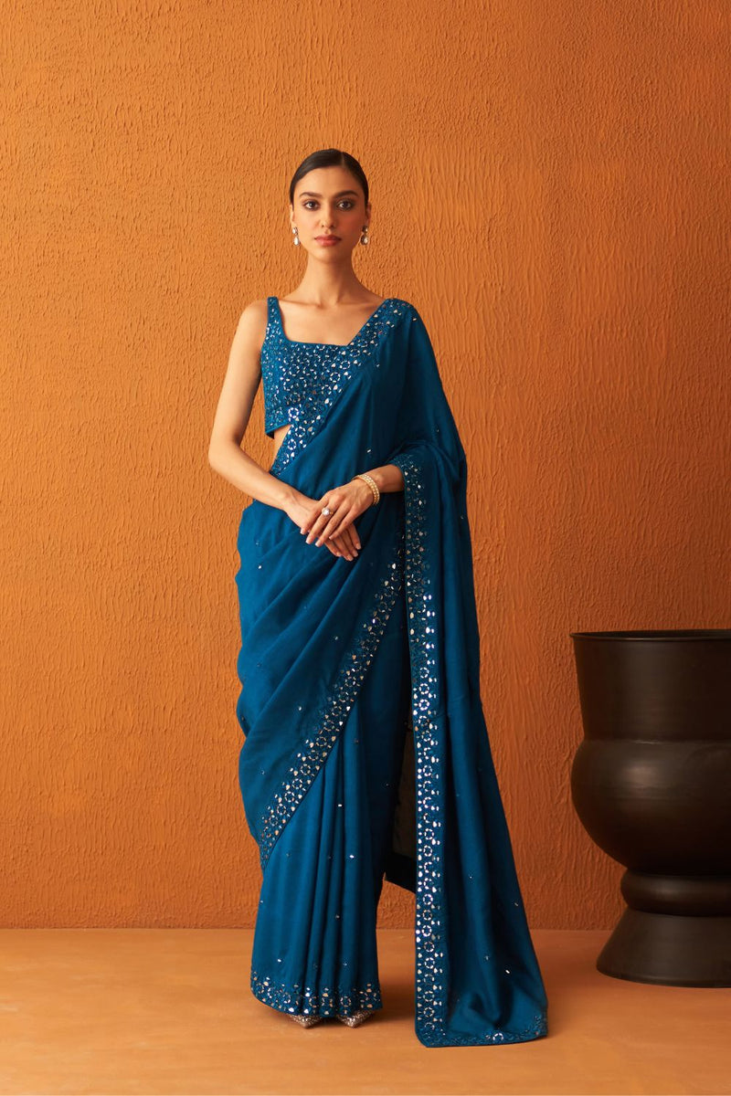 Peacock Blue Zardozi Hand Embroidered Saree and Blouse – Talking Threads  Global