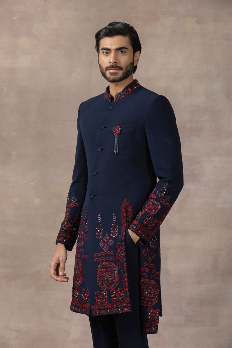 Oxblood Red And Navy Embroiderd Indo-Western