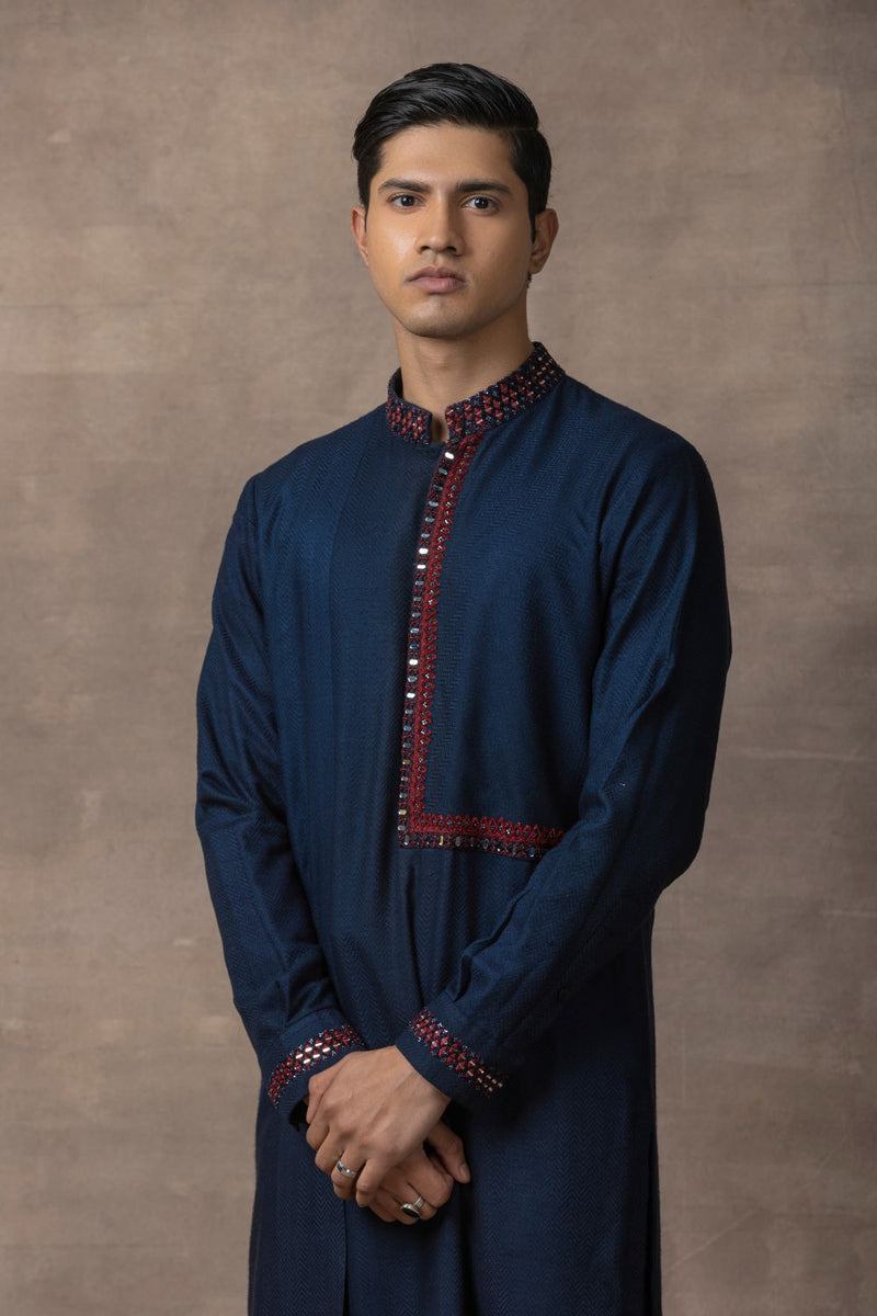 Navy Panel & Red Thread Work Kurta Set