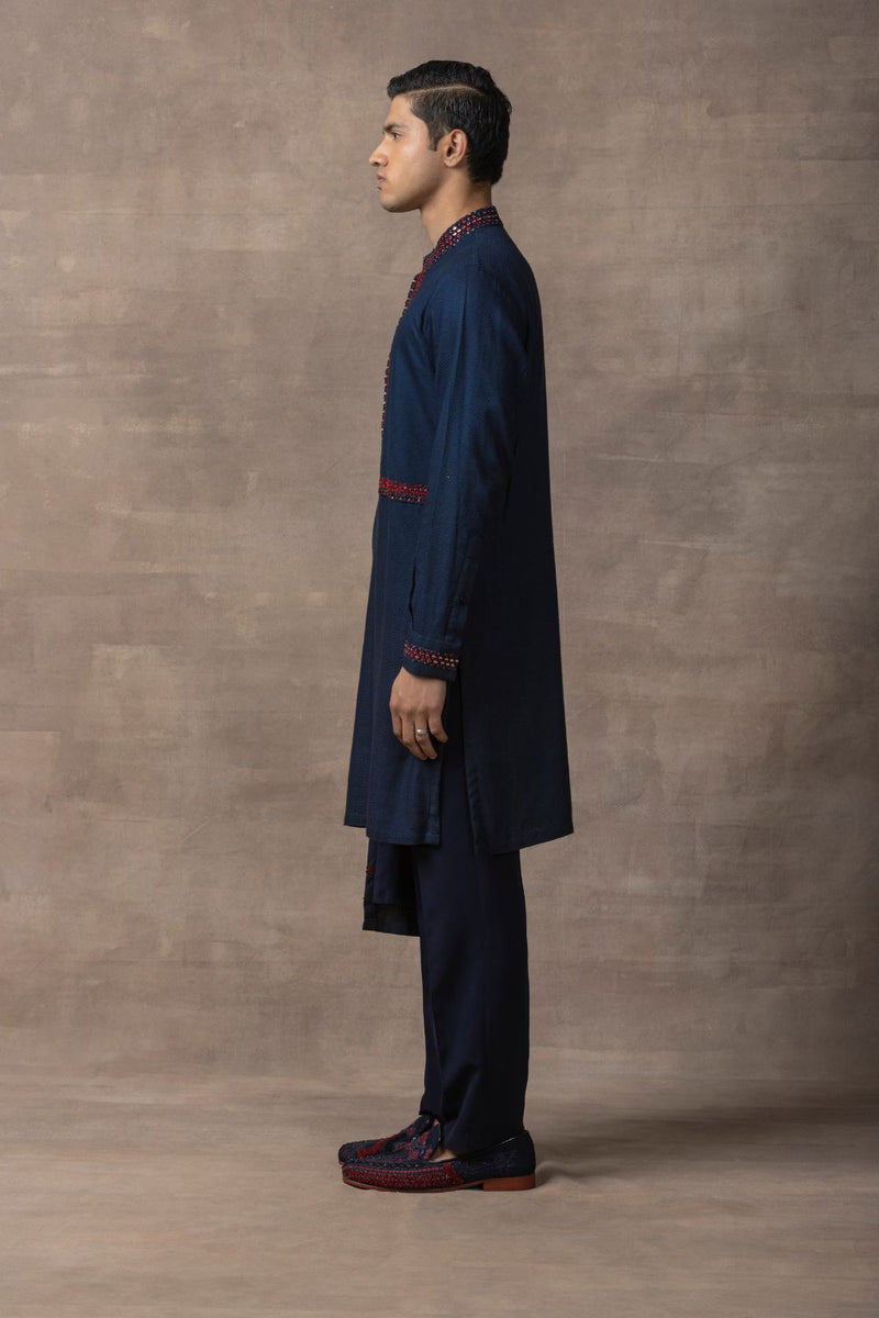 Navy Panel & Red Thread Work Kurta Set