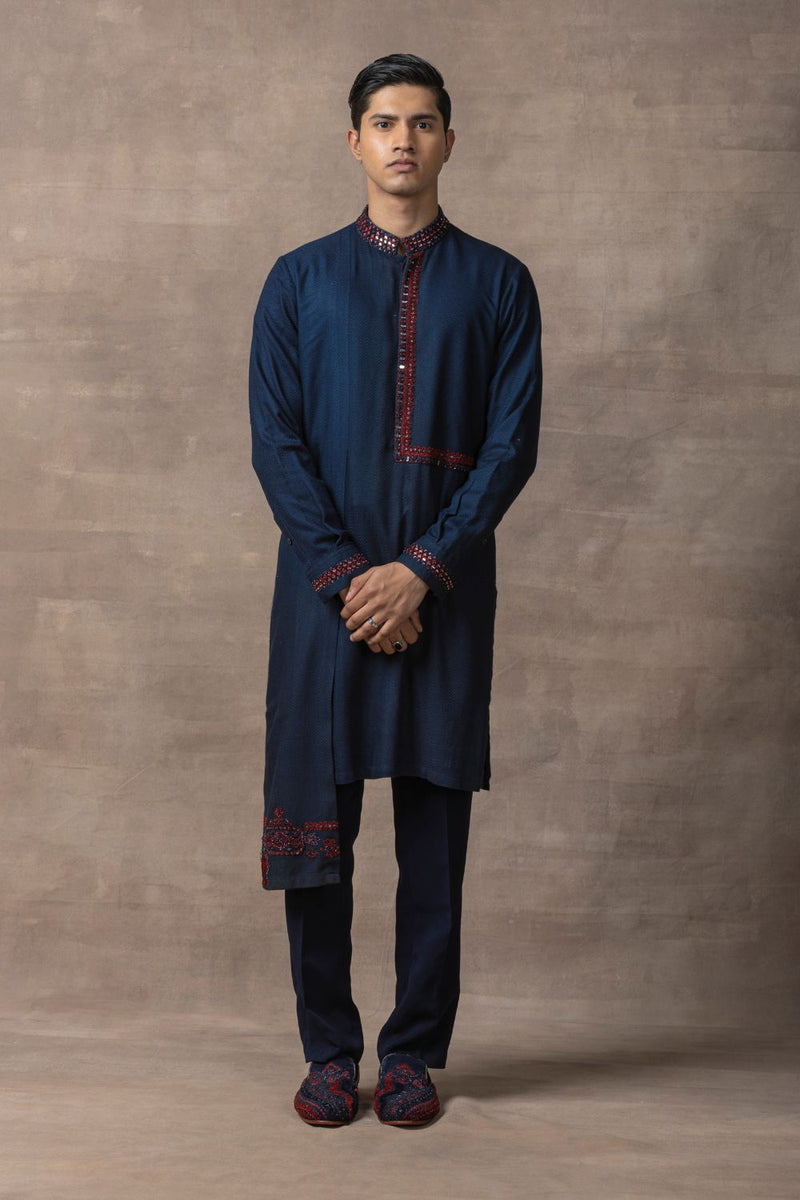 Navy Panel & Red Thread Work Kurta Set