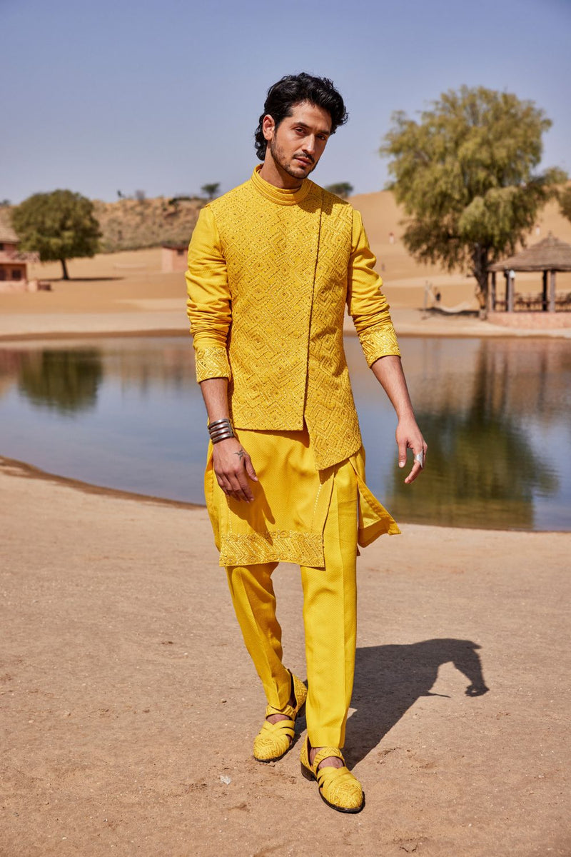 Yellow Slant Cut Waist Coat Set