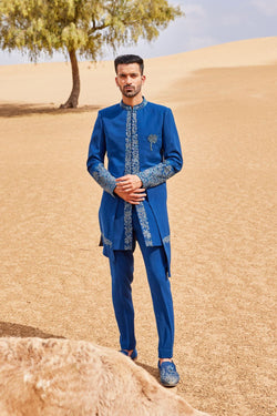 Indigo Blue Front Open Style Indowestern