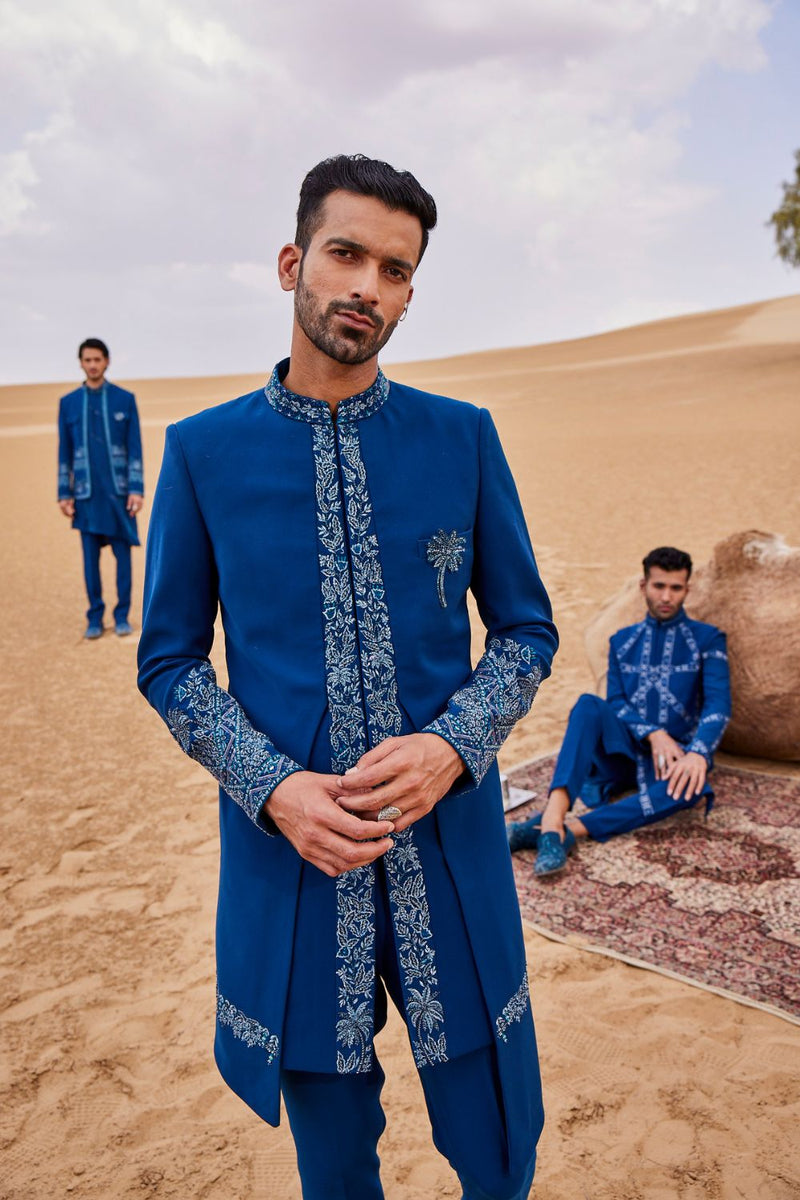 Indigo Blue Front Open Style Indowestern