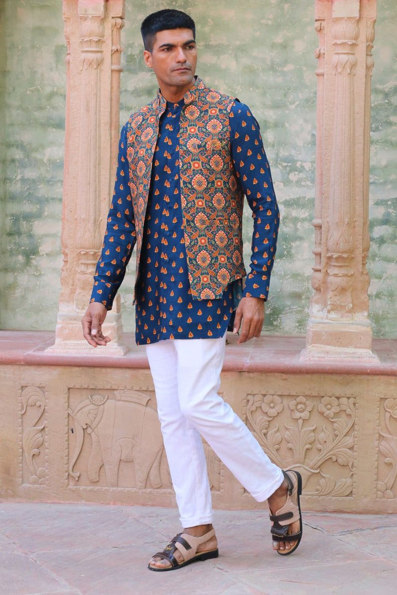 Cobalt Blue Print Kurta With Pant Pajama And Waist Coat