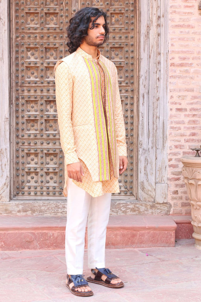 Pale Peach Print Kurta , With Pant Pajama And Waistcoat