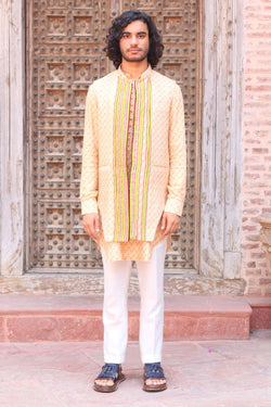 Pale Peach Print Kurta , With Pant Pajama And Waistcoat