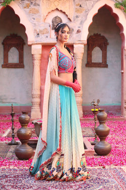 Blue Print Lehenga With Embroidered Bodice And Cape Dupatta