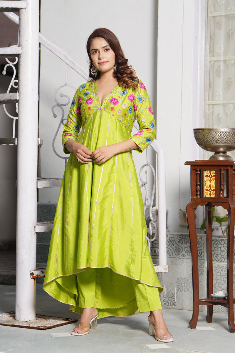 Love Bird Hi-Lo V Neck Embroidered Kurta Set