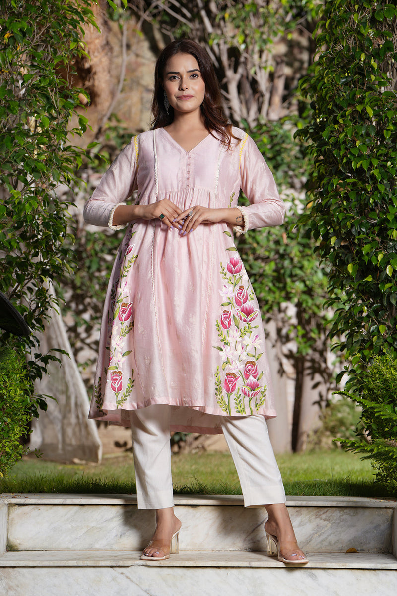 Peach Pink V Neck Hand Painted Kurta Set With Contrast Bottom