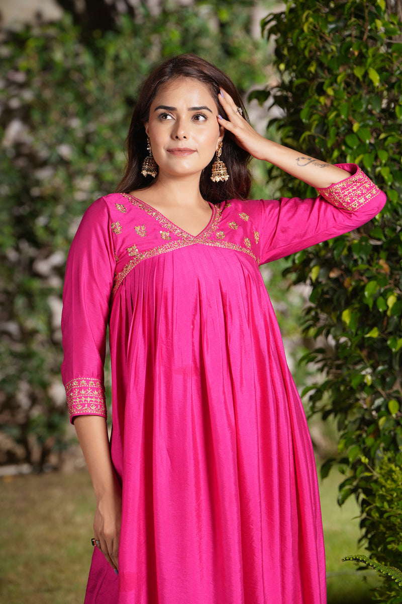 Beetroot Hi-Lo V Neck Embroidered Kurta Set