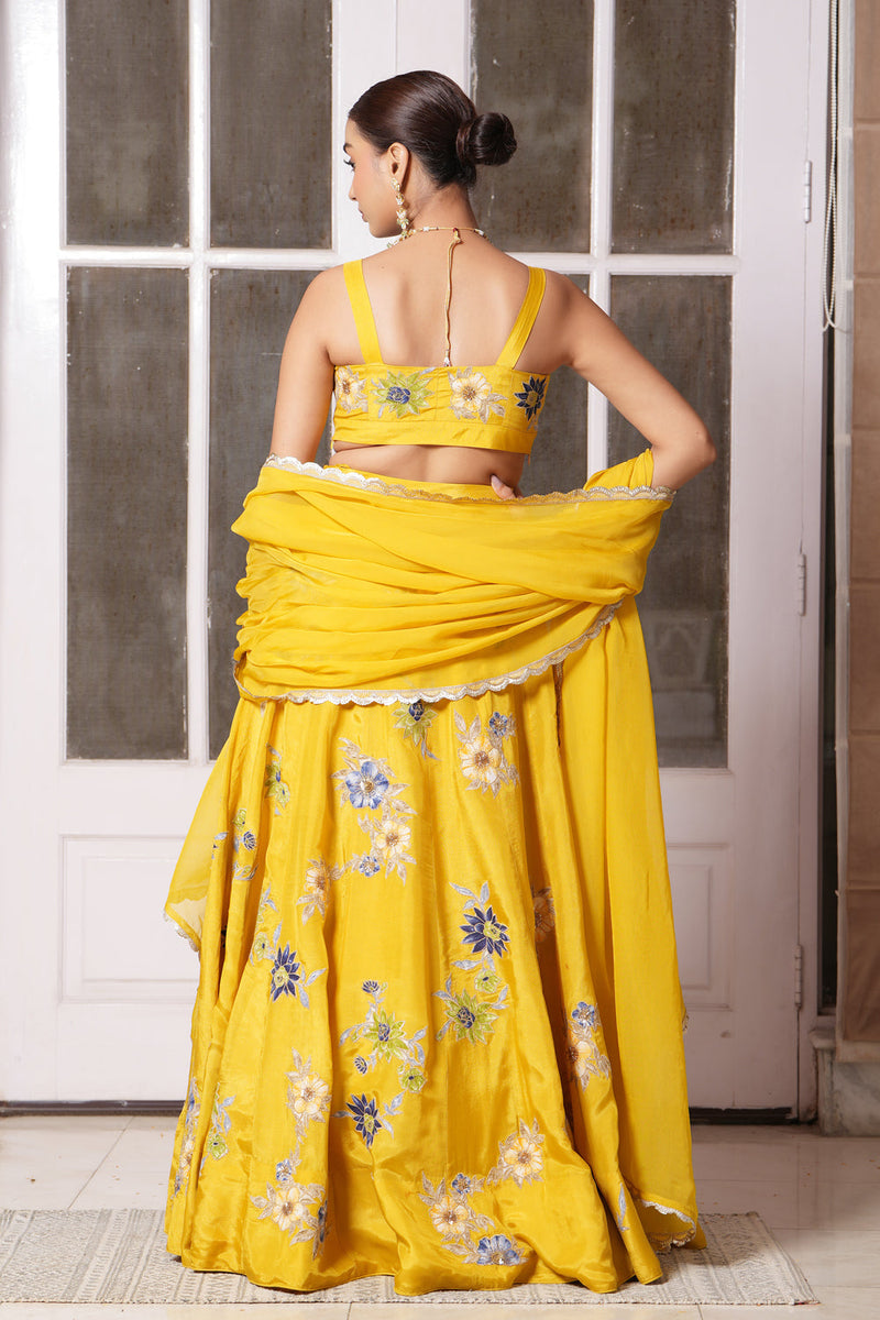 Mustard Applique Floral Lehenga Set