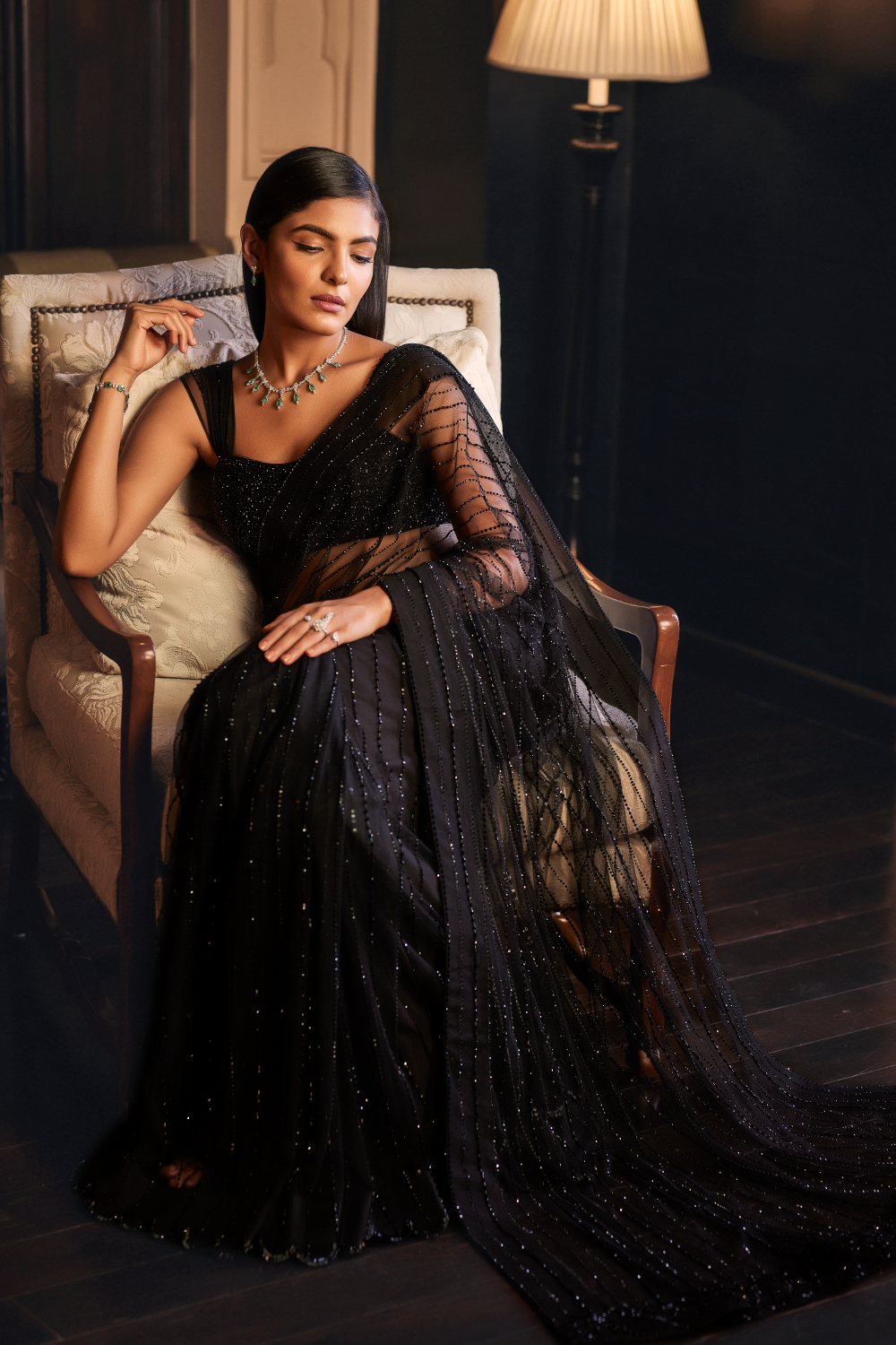 Black Color Pleating Look Designer Saree With Matching Blouse