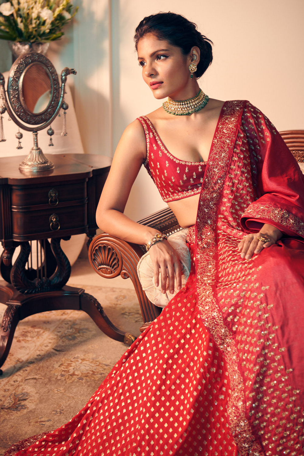 Buy Crimson Red Sequins Embroidered Raw Silk Bridal Lehenga Online | Samyakk