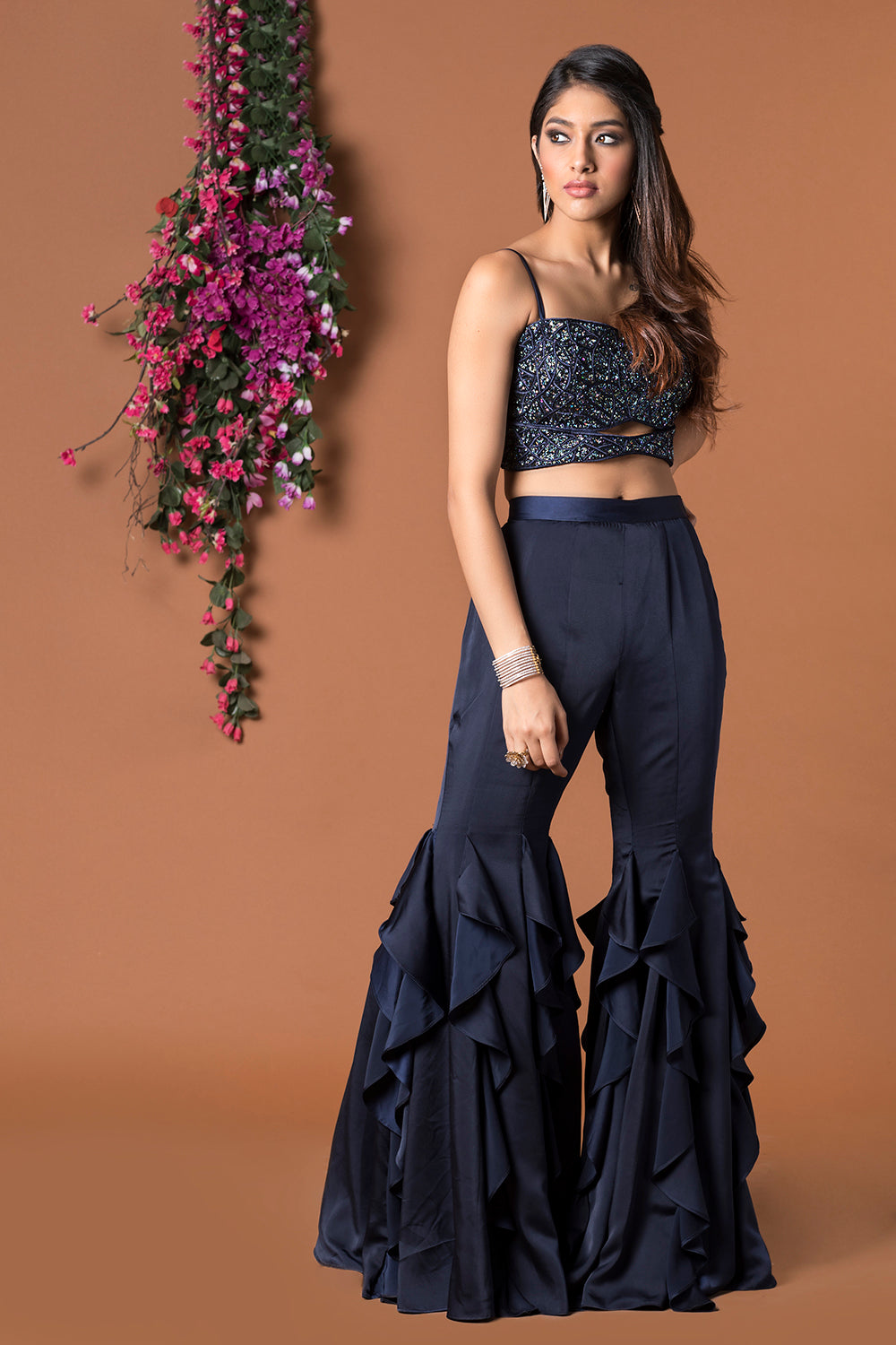 NAVY BLUE RUFFLE PANTS & CROP TOP SET – Estie Couture